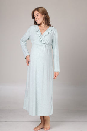 Pleated Collar Maternity-Nursing Nightgown & Flywheel Arm Robe Set Green - 1027