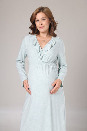 Pleated Collar Maternity-Nursing Nightgown & Flywheel Arm Robe Set Green - 1027