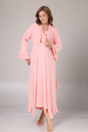Pleated Collar Maternity-Nursing Nightgown & Flywheel Arm Robe Set Pink - 1028