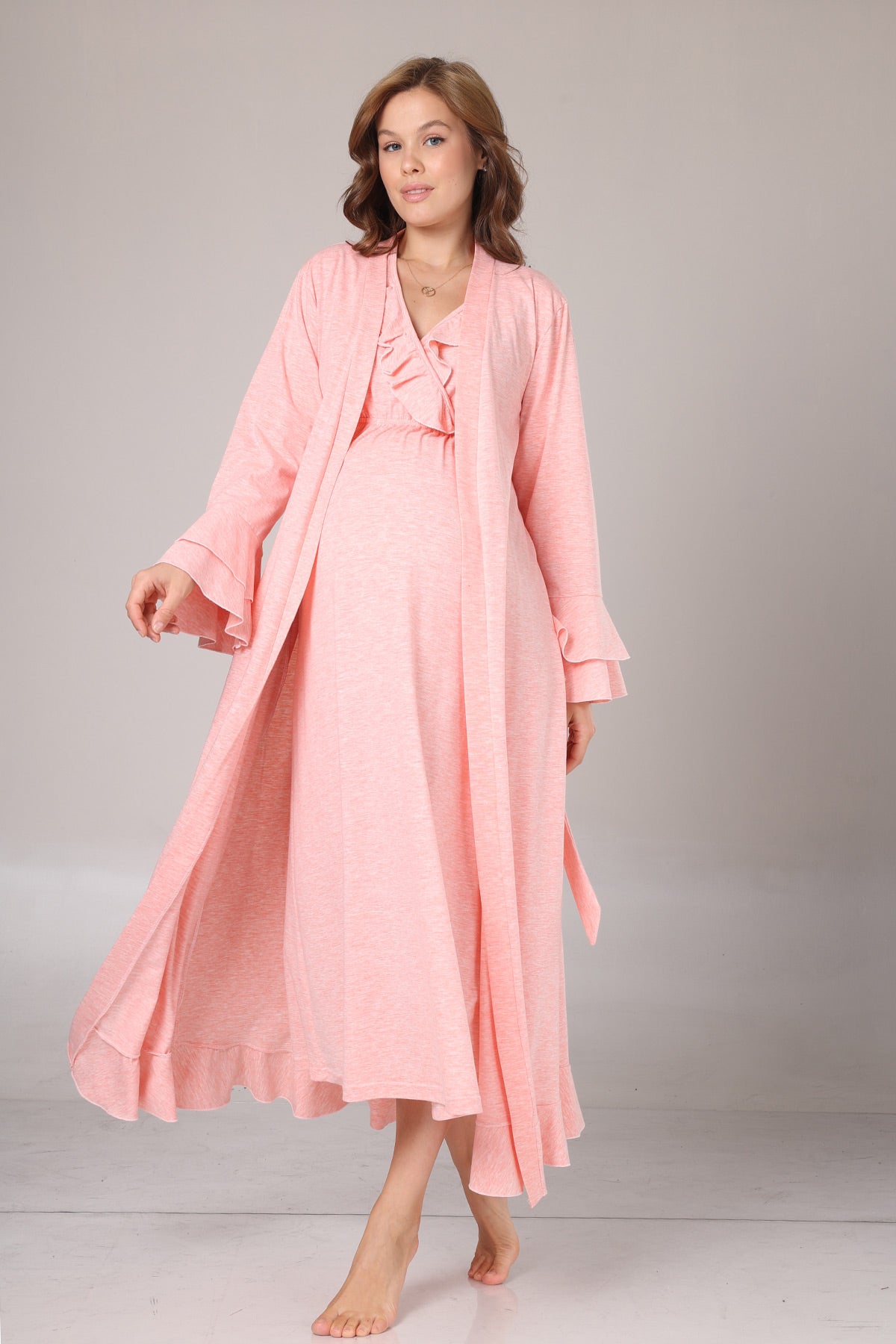 Pleated Collar Maternity-Nursing Nightgown & Flywheel Arm Robe Set Pink - 1028