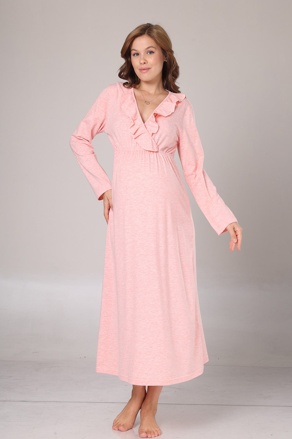 Pleated Collar Maternity-Nursing Nightgown & Flywheel Arm Robe Set Pink - 1028