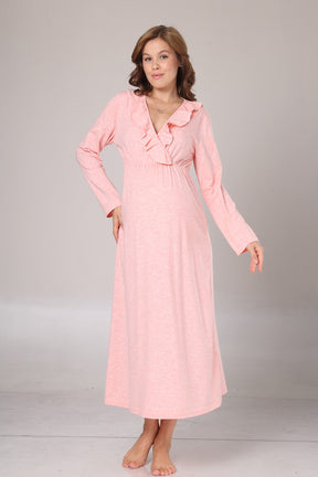 Pleated Collar Maternity-Nursing Nightgown & Flywheel Arm Robe Set Pink - 1028