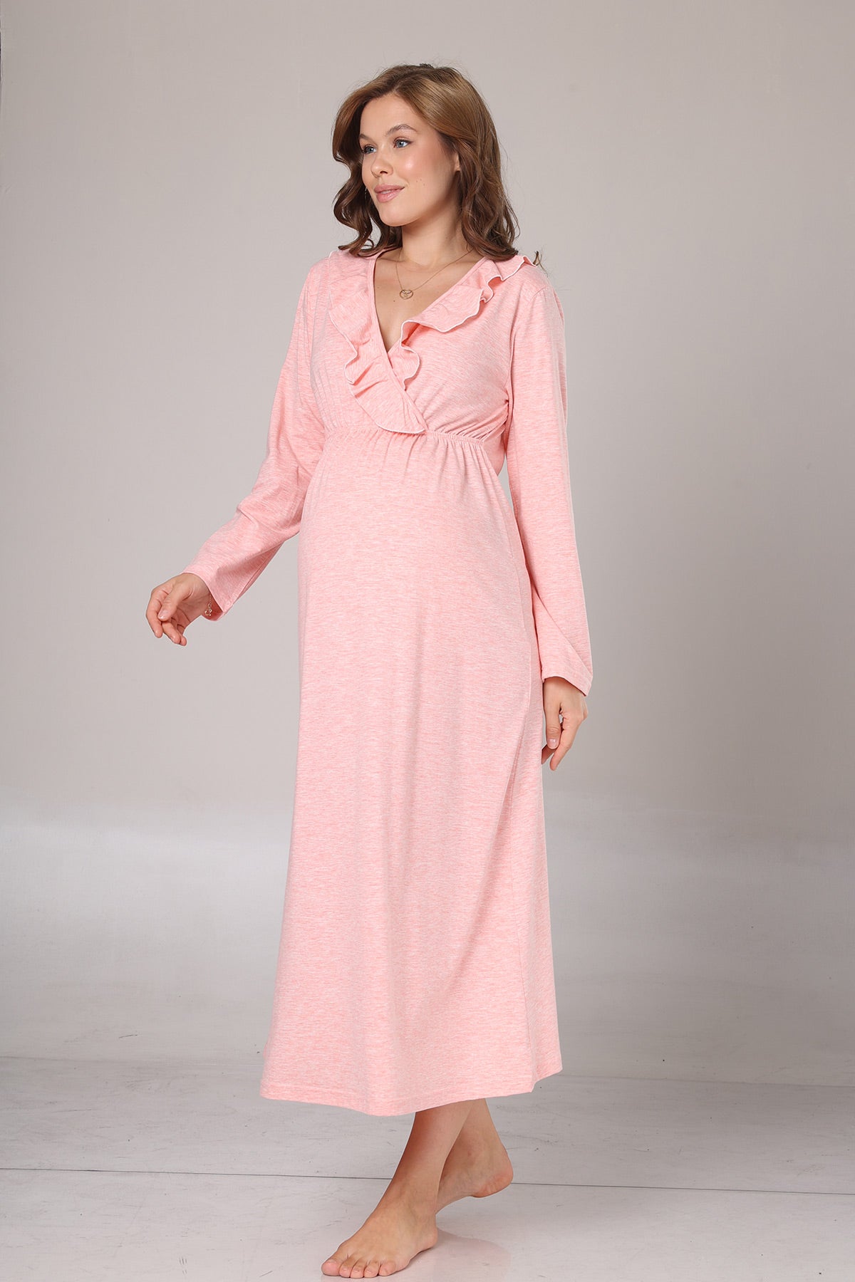 Pleated Collar Maternity-Nursing Nightgown & Flywheel Arm Robe Set Pink - 1028