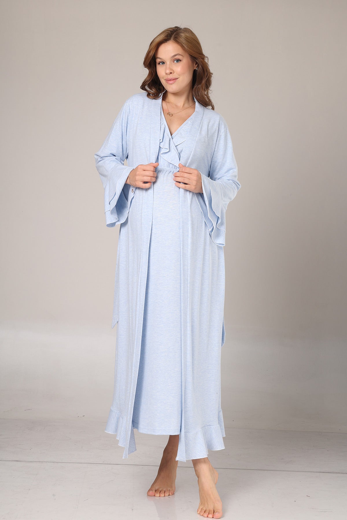 Pleated Collar Maternity-Nursing Nightgown & Flywheel Arm Robe Set Blue - 1029