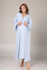 Pleated Collar Maternity-Nursing Nightgown & Flywheel Arm Robe Set Blue - 1029