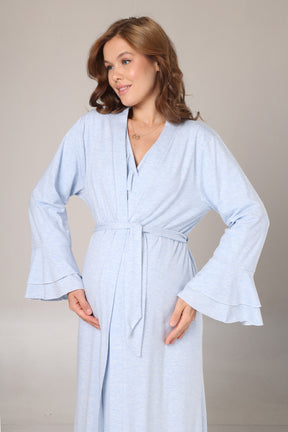 Pleated Collar Maternity-Nursing Nightgown & Flywheel Arm Robe Set Blue - 1029