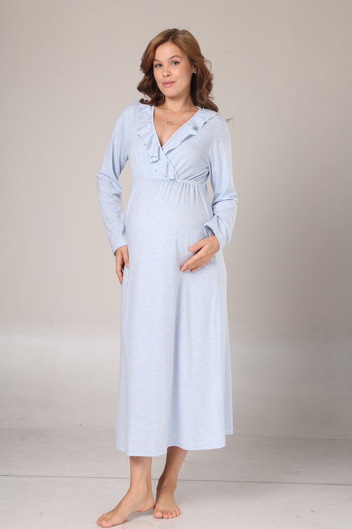 Pleated Collar Maternity-Nursing Nightgown & Flywheel Arm Robe Set Blue - 1029