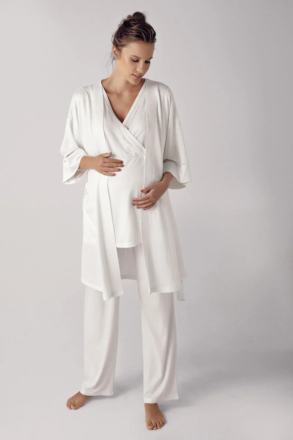 Double Breasted 3-Piece Maternity Feeding-Friendly Pajama & Robe Set Ecru - S10302