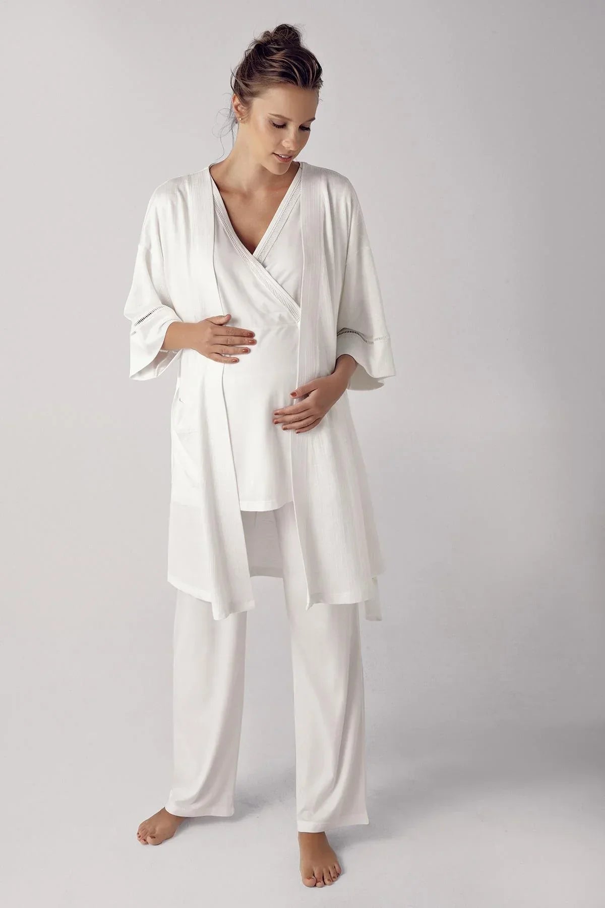 Double Breasted 3-Piece Maternity Feeding-Friendly Pajama & Robe Set Ecru - S10302