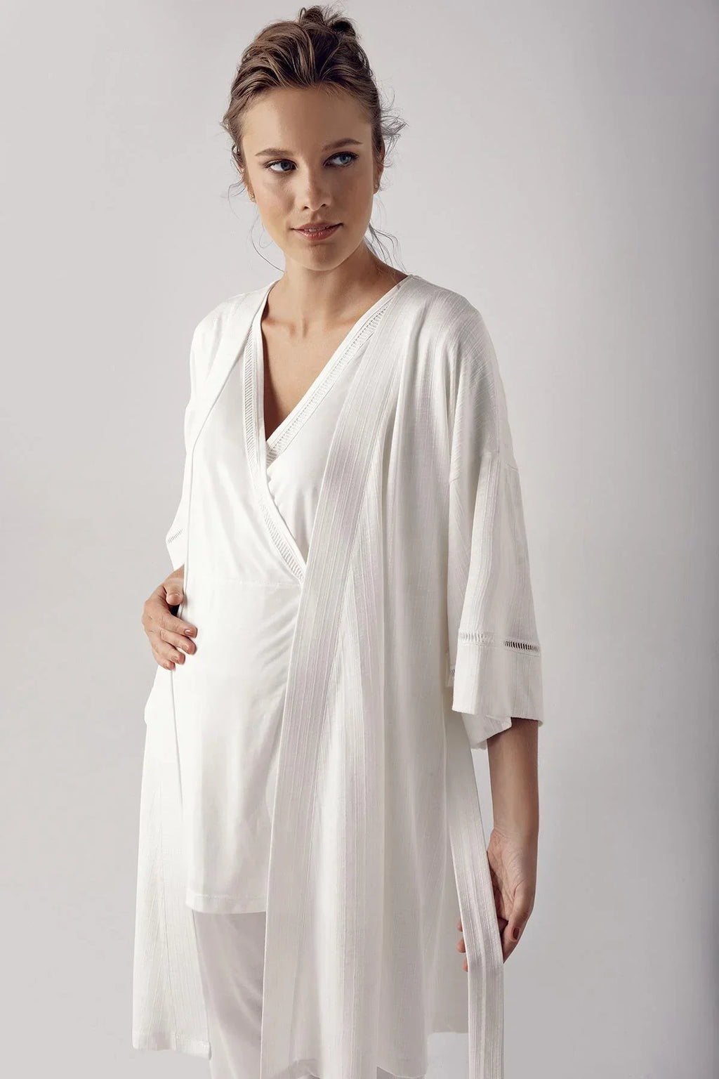 Double Breasted 3-Piece Maternity Feeding-Friendly Pajama & Robe Set Ecru - S10302