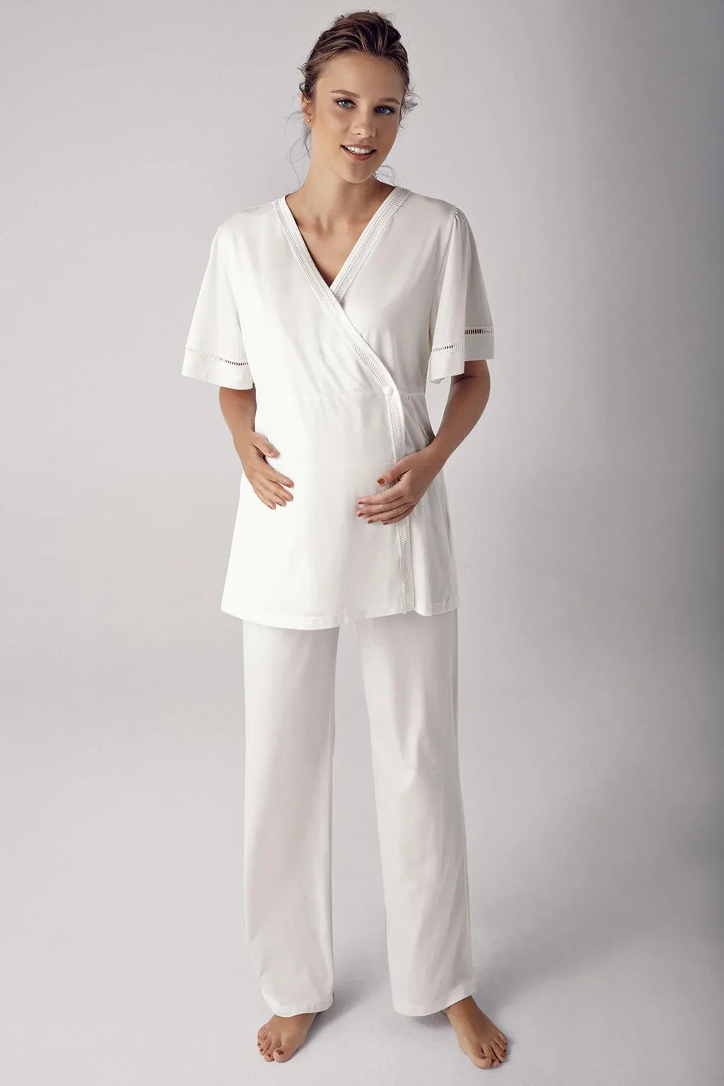 Double Breasted 3-Piece Maternity Feeding-Friendly Pajama & Robe Set Ecru - S10302