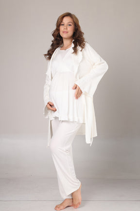 Double Breasted 3-Piece Maternity-Nursing Pajama & Jacquard Robe Set Ecru - 1030