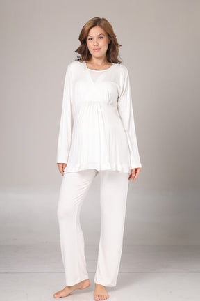 Double Breasted 3-Piece Maternity-Nursing Pajama & Jacquard Robe Set Ecru - 1030