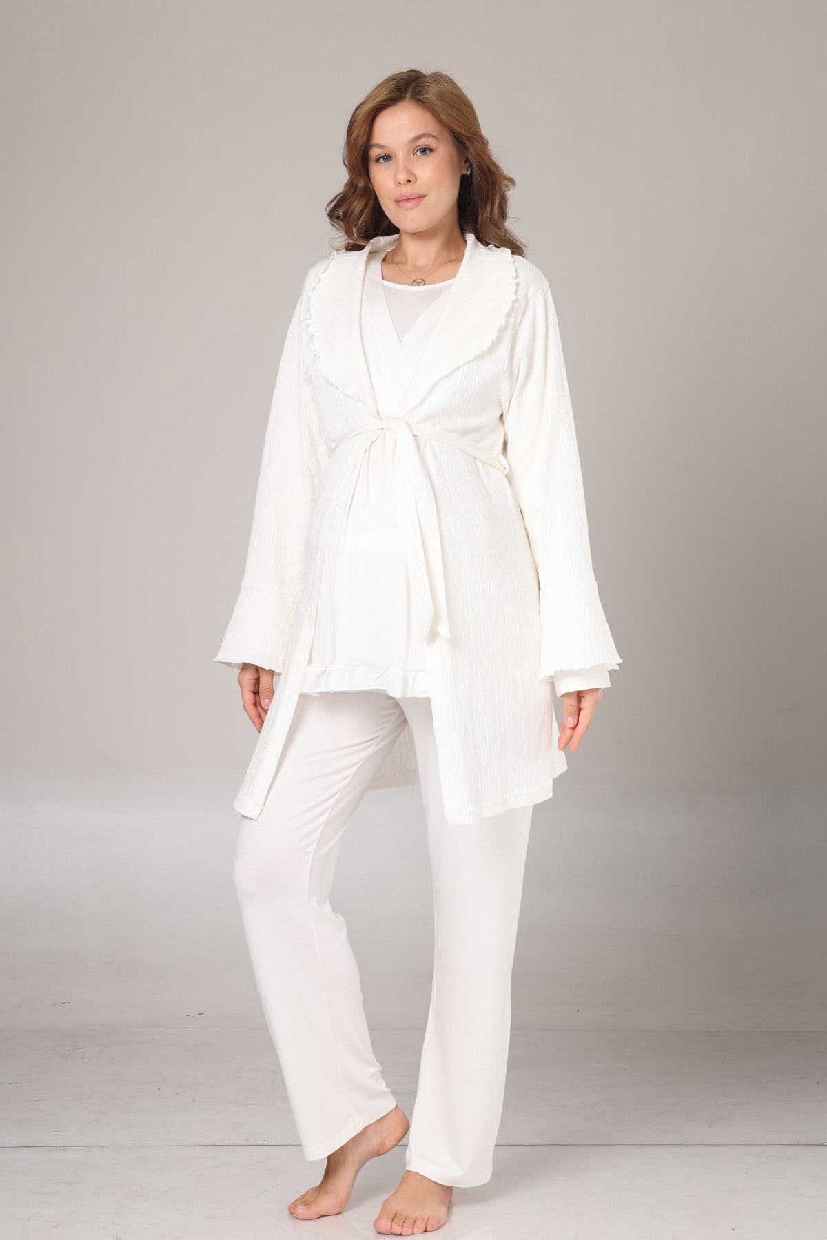 Double Breasted 3-Piece Maternity-Nursing Pajama & Jacquard Robe Set Ecru - 1030