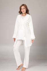 Double Breasted 3-Piece Maternity-Nursing Pajama & Jacquard Robe Set Ecru - 1030