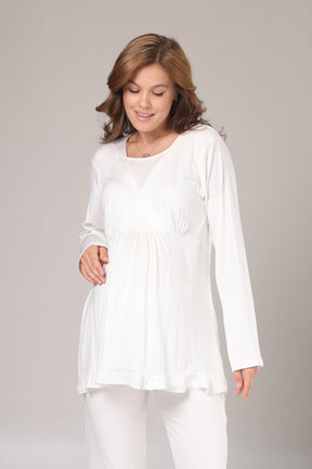 Double Breasted 3-Piece Maternity-Nursing Pajama & Jacquard Robe Set Ecru - 1030