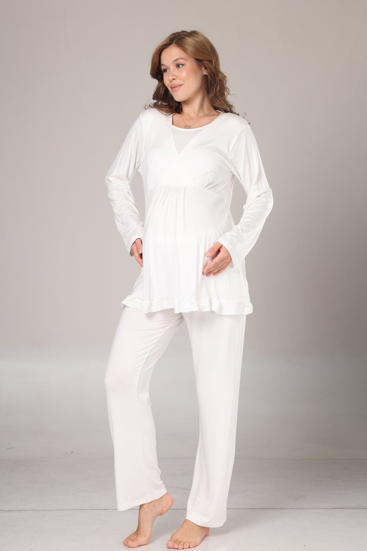 Double Breasted 3-Piece Maternity-Nursing Pajama & Jacquard Robe Set Ecru - 1030
