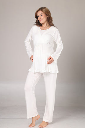 Double Breasted 3-Piece Maternity-Nursing Pajama & Jacquard Robe Set Ecru - 1030