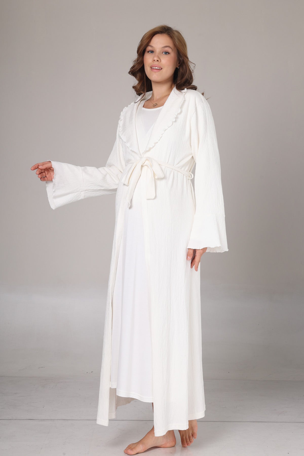 Double Breasted Maternity-Nursing Nightgown & Jacquard Robe Set Ecru - 1031