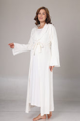 Double Breasted Maternity-Nursing Nightgown & Jacquard Robe Set Ecru - 1031