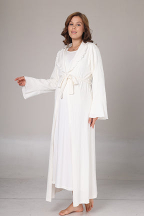 Double Breasted Maternity-Nursing Nightgown & Jacquard Robe Set Ecru - 1031