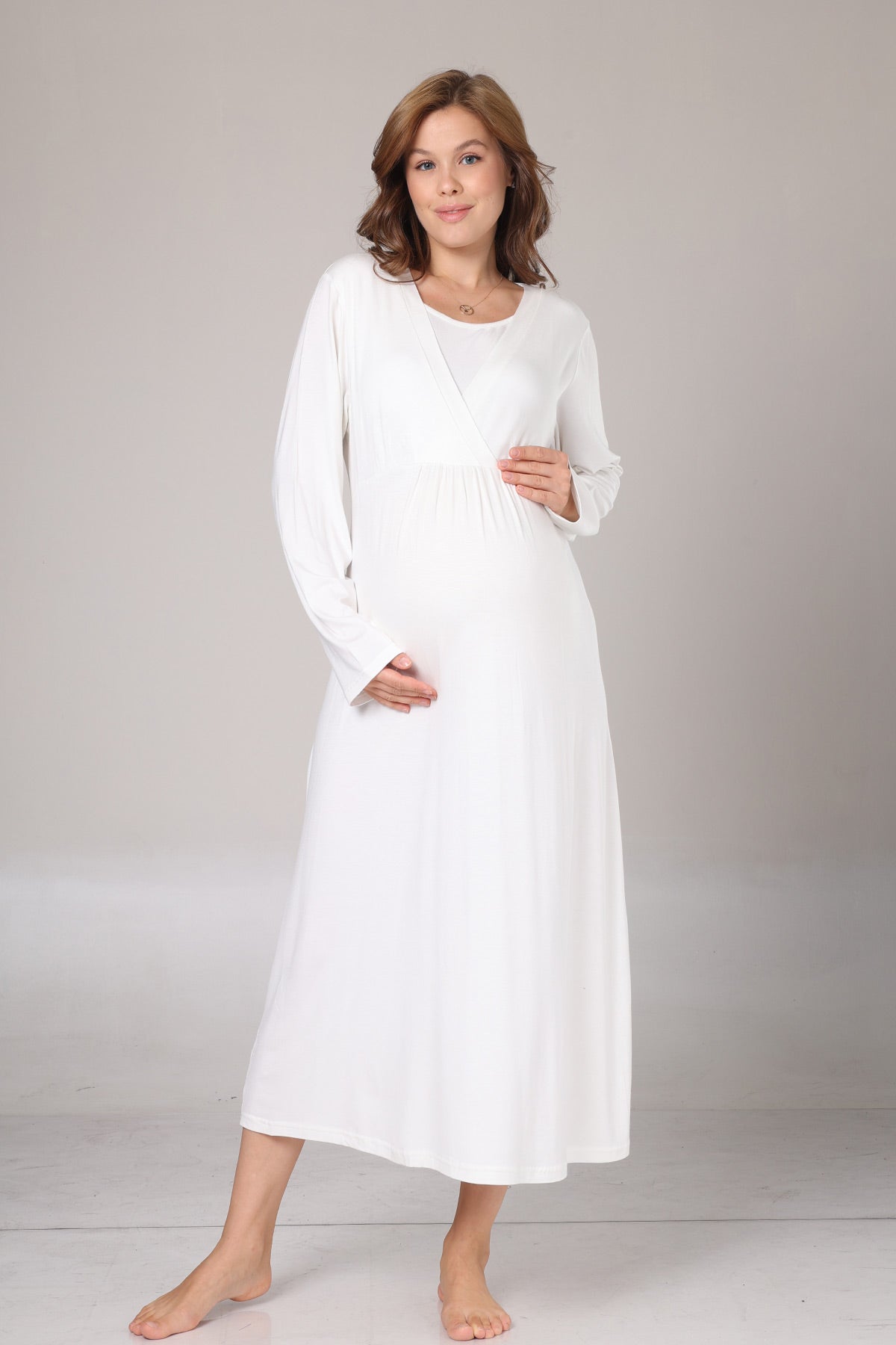 Double Breasted Maternity-Nursing Nightgown & Jacquard Robe Set Ecru - 1031