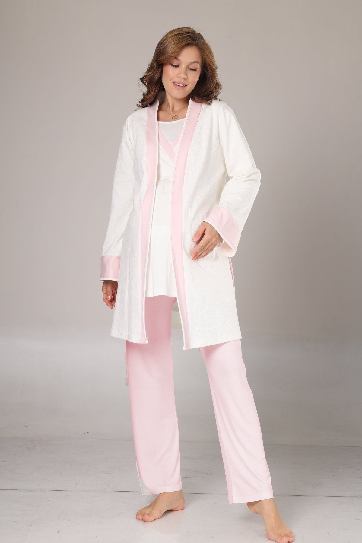 Pink Bias 3-Piece Maternity-Nursing Pajama & Robe Set Pink - 1032