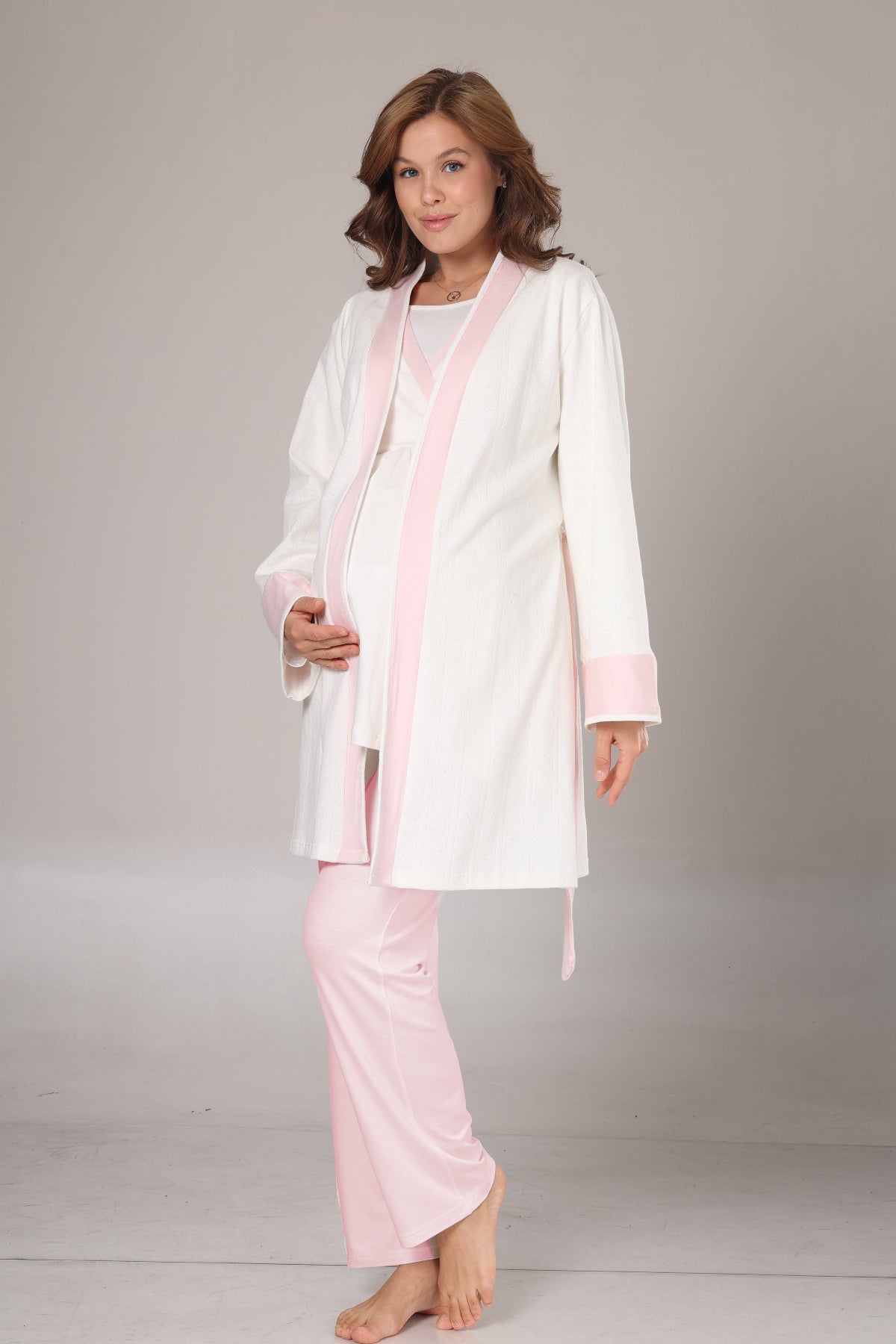 Pink Bias 3-Piece Maternity-Nursing Pajama & Robe Set Pink - 1032