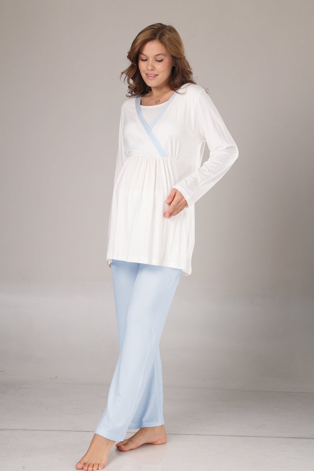 Blue Bias 3-Piece Maternity-Nursing Pajama & Robe Set Blue - 1033