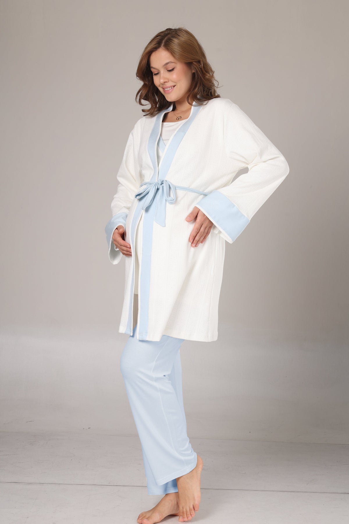 Blue Bias 3-Piece Maternity-Nursing Pajama & Robe Set Blue - 1033
