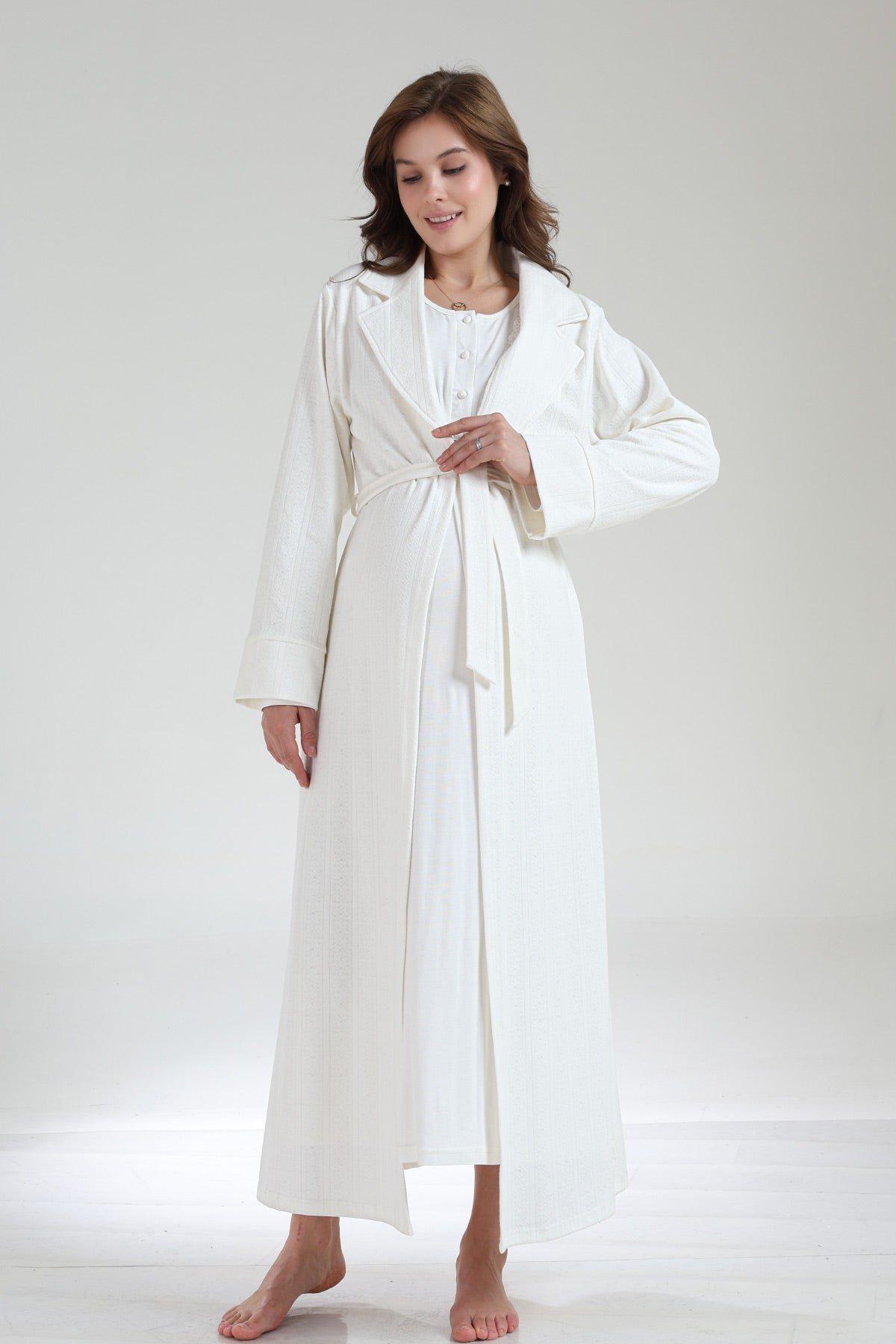 Lace Collar Maternity-Nursing Nightgown & Jacquard Robe Set Ecru - 1034
