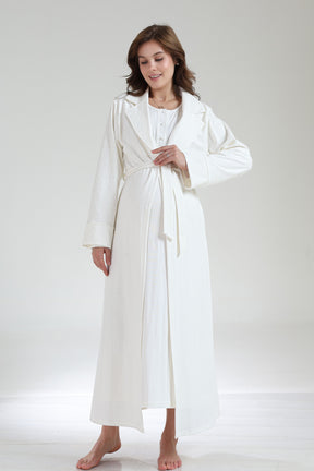 Lace Collar Maternity-Nursing Nightgown & Jacquard Robe Set Ecru - 1034
