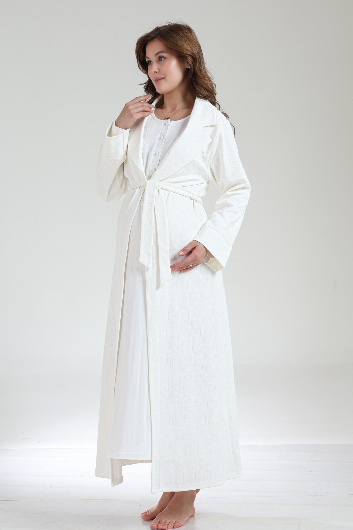 Lace Collar Maternity-Nursing Nightgown & Jacquard Robe Set Ecru - 1034