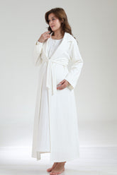 Lace Collar Maternity-Nursing Nightgown & Jacquard Robe Set Ecru - 1034