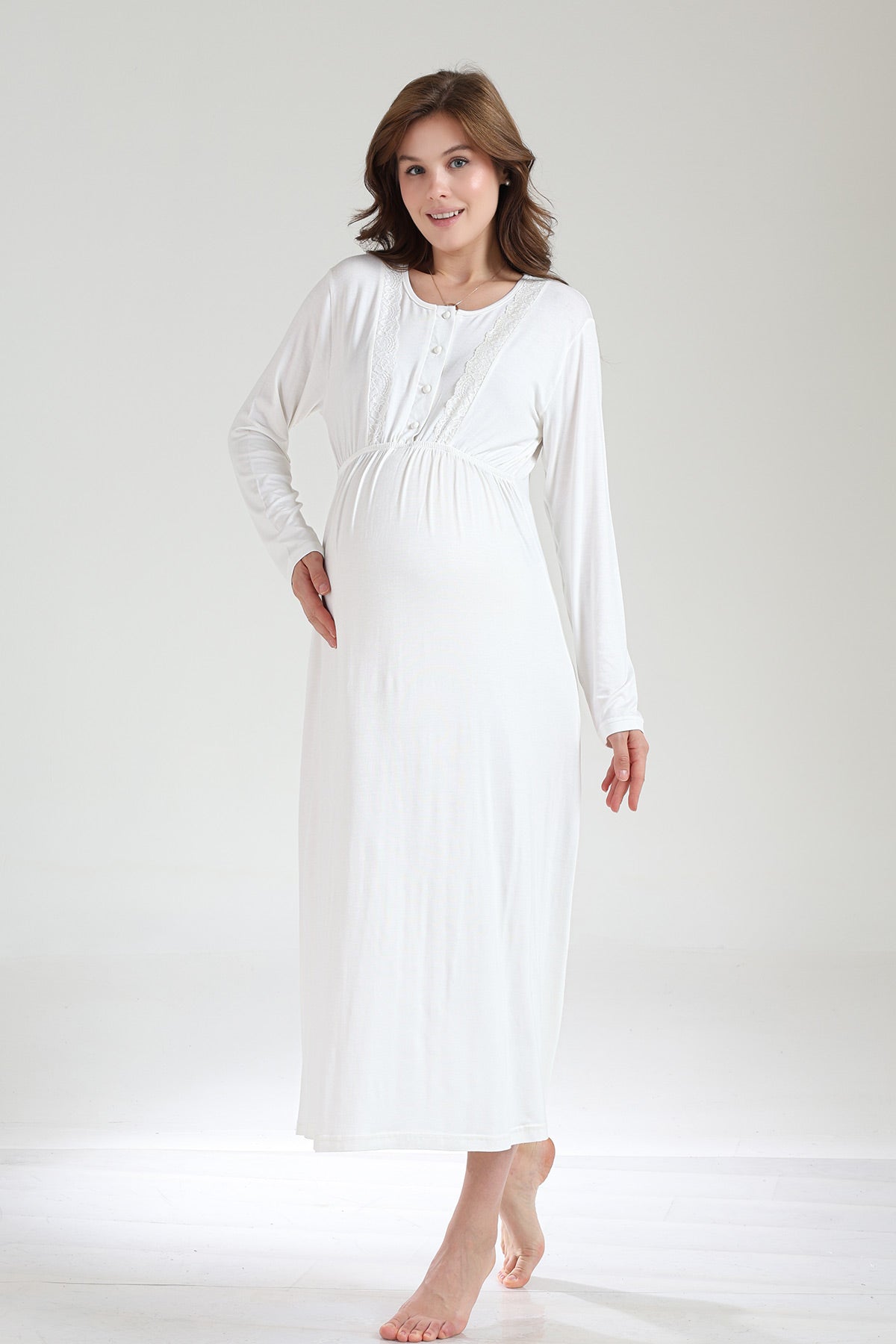 Lace Collar Maternity-Nursing Nightgown & Jacquard Robe Set Ecru - 1034