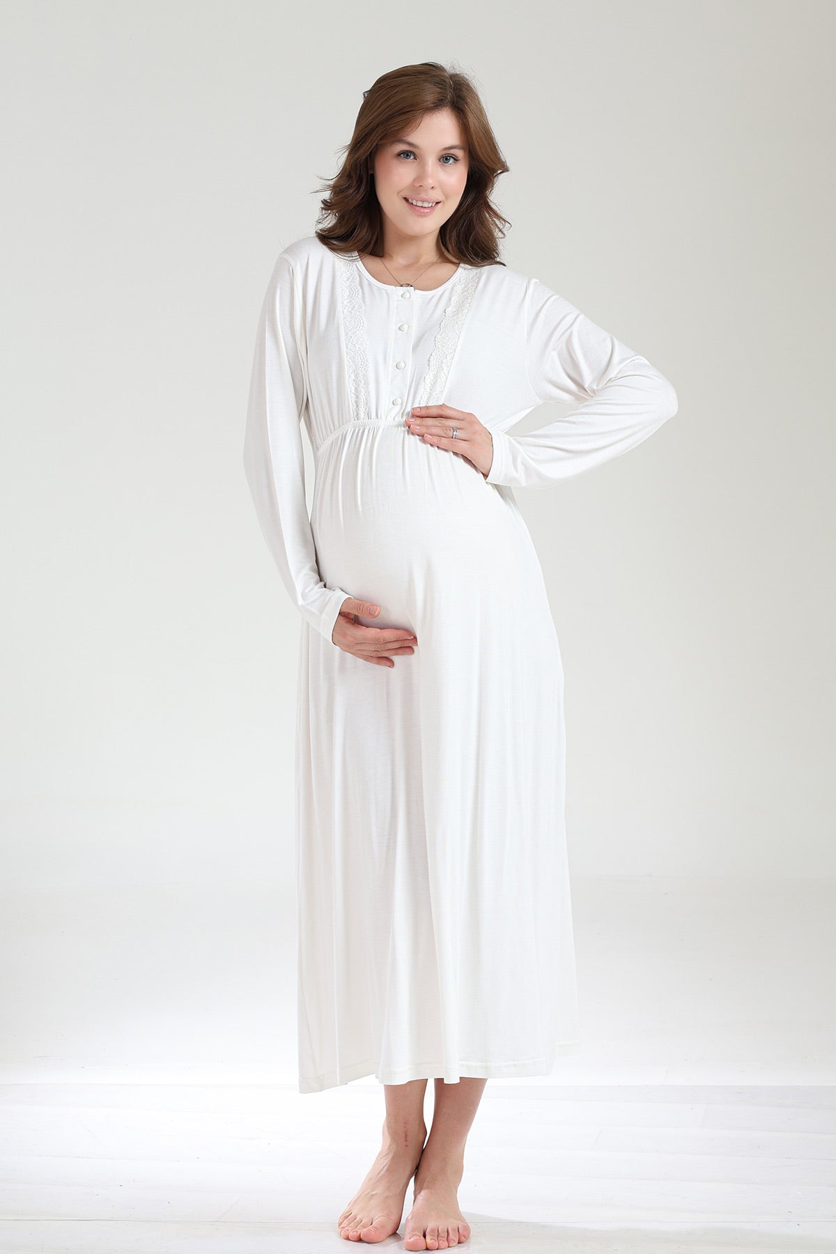 Lace Collar Maternity-Nursing Nightgown & Jacquard Robe Set Ecru - 1034