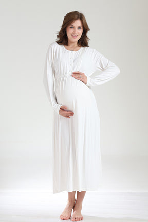 Lace Collar Maternity-Nursing Nightgown & Jacquard Robe Set Ecru - 1034