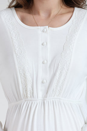 Lace Collar 3-Piece Maternity-Nursing Pajama & Jacquard Robe Set Ecru - 1035