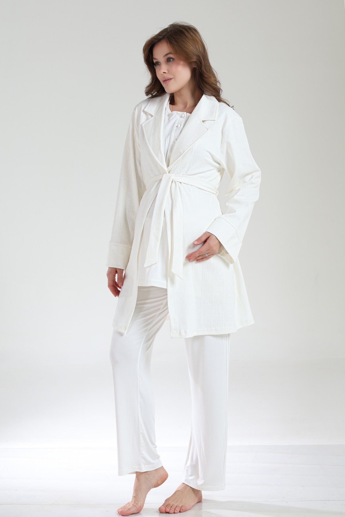 Lace Collar 3-Piece Maternity-Nursing Pajama & Jacquard Robe Set Ecru - 1035