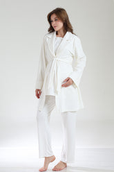 Lace Collar 3-Piece Maternity-Nursing Pajama & Jacquard Robe Set Ecru - 1035