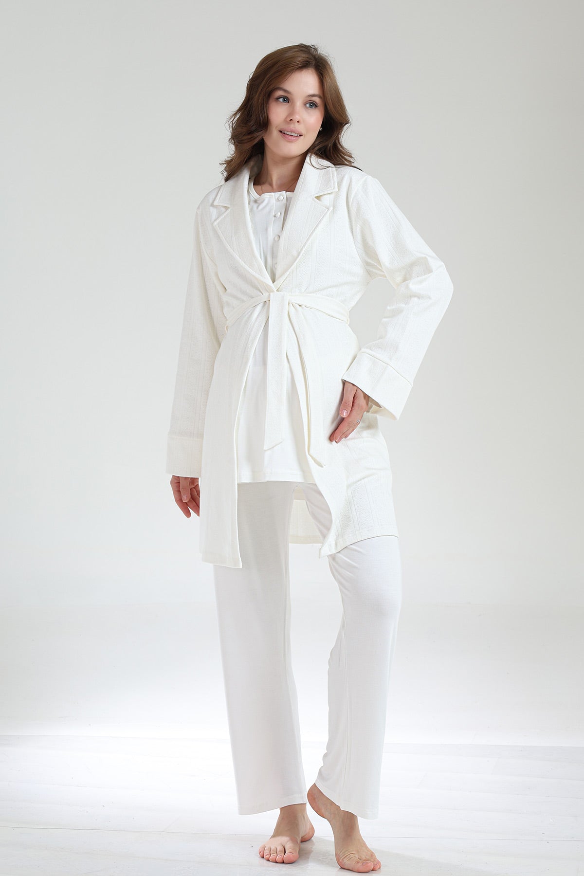 Lace Collar 3-Piece Maternity-Nursing Pajama & Jacquard Robe Set Ecru - 1035