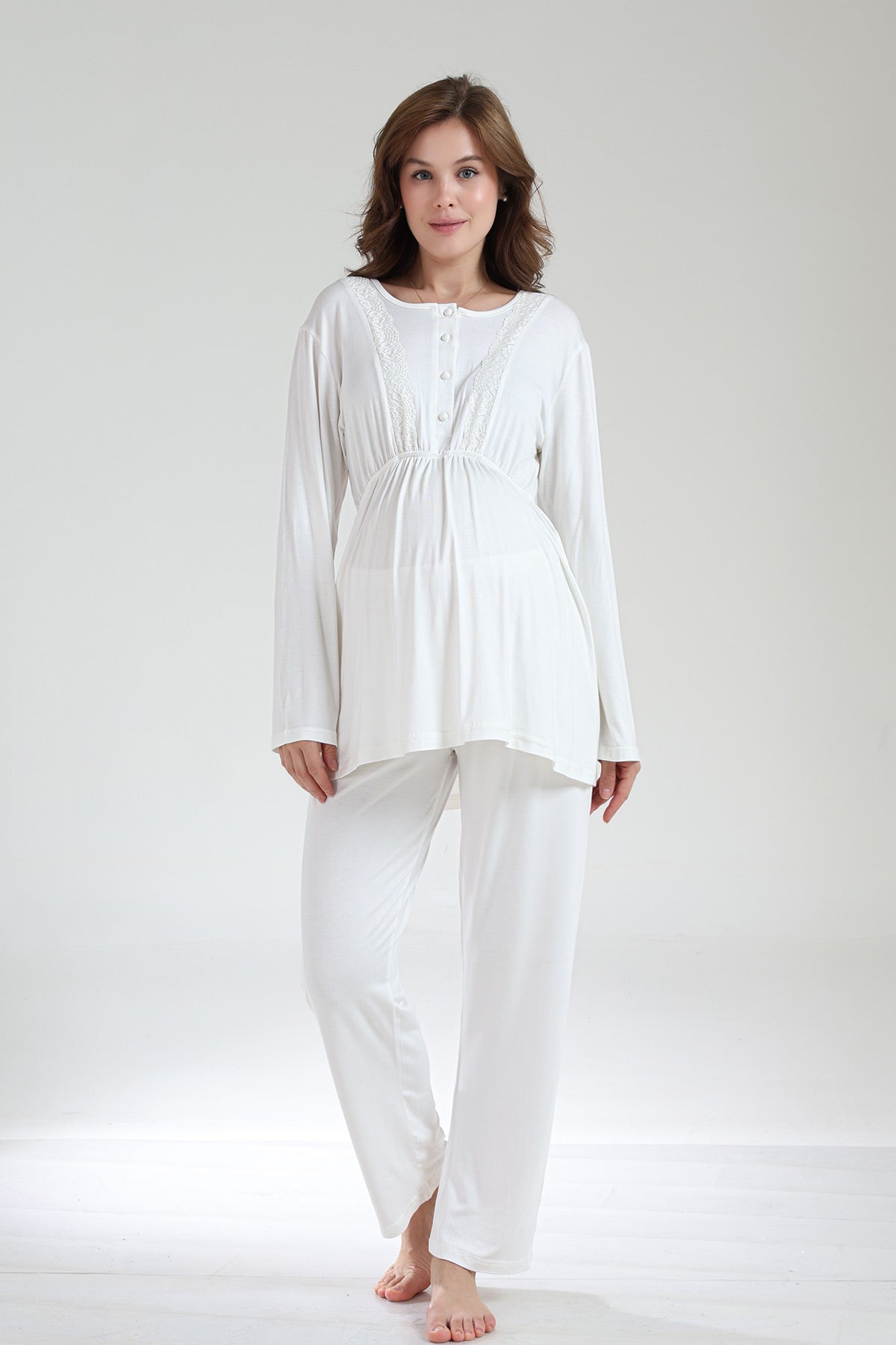 Lace Collar 3-Piece Maternity-Nursing Pajama & Jacquard Robe Set Ecru - 1035
