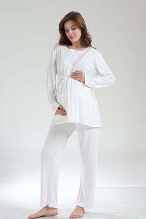 Lace Collar 3-Piece Maternity-Nursing Pajama & Jacquard Robe Set Ecru - 1035