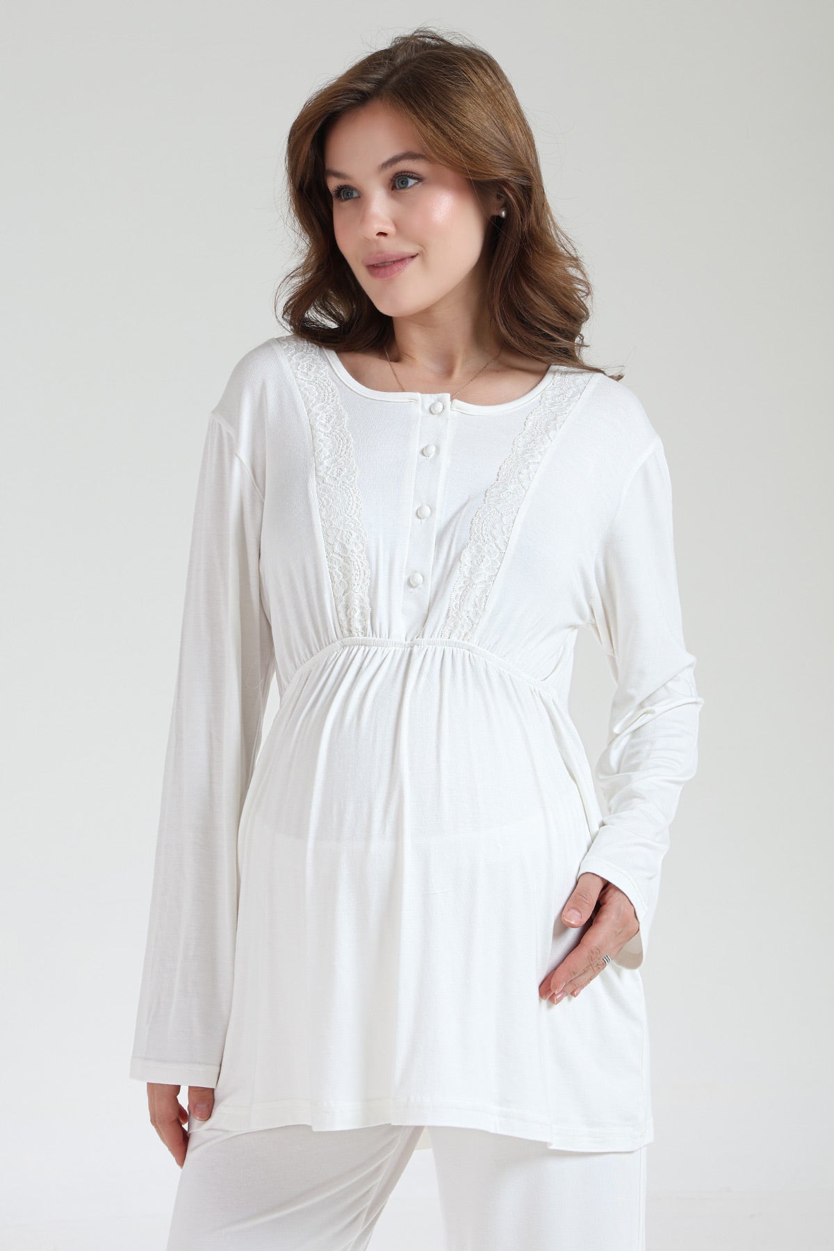 Lace Collar 3-Piece Maternity-Nursing Pajama & Jacquard Robe Set Ecru - 1035