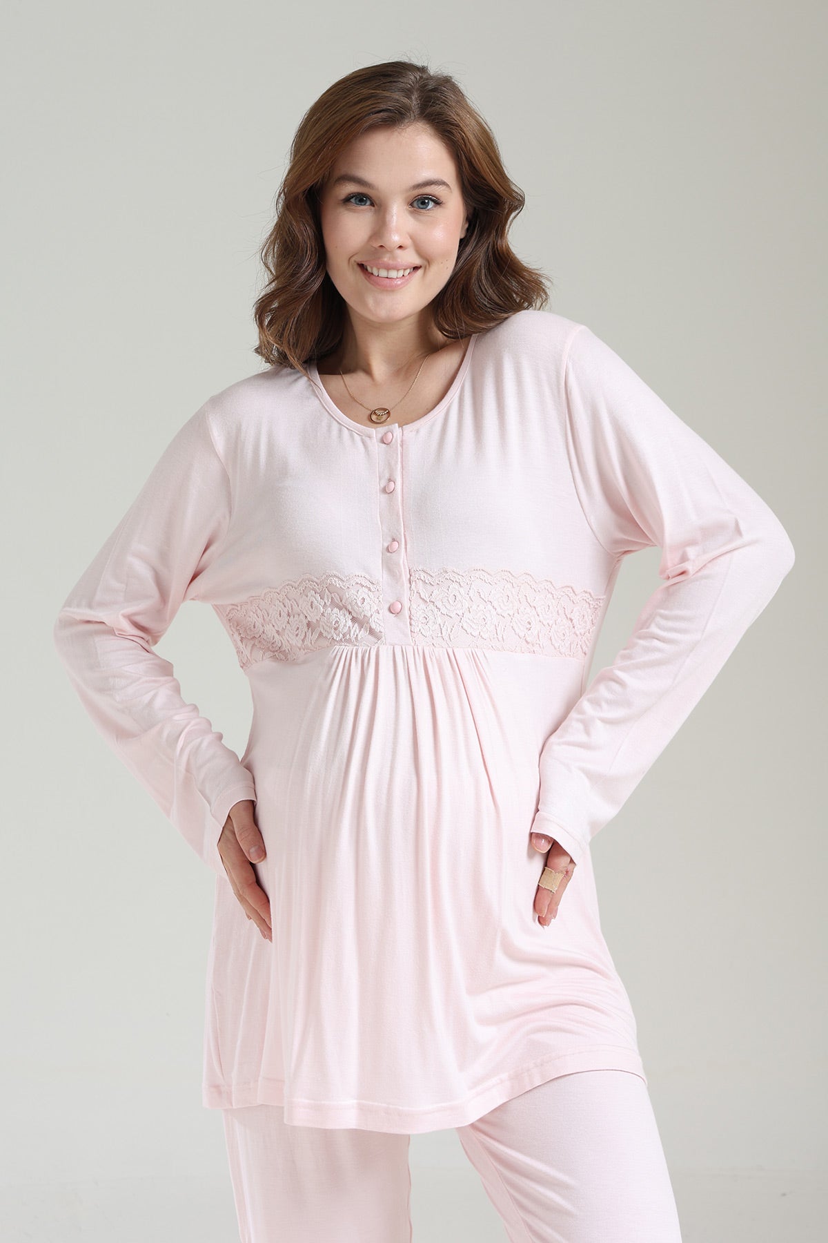 Lacy Panel 3-Piece Maternity-Nursing Pajama & Ribbed Camisole Robe Set Pink - 1036