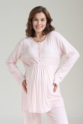 Lacy Panel 3-Piece Maternity-Nursing Pajama & Ribbed Camisole Robe Set Pink - 1036