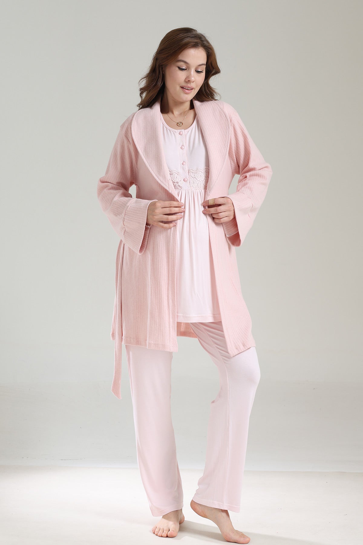 Lacy Panel 3-Piece Maternity-Nursing Pajama & Ribbed Camisole Robe Set Pink - 1036