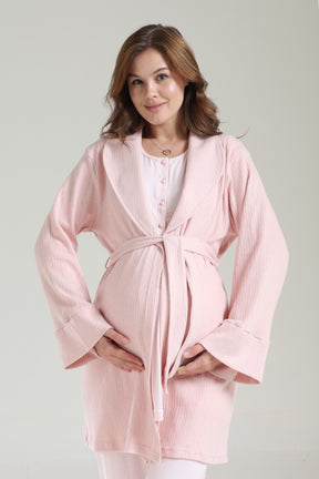Lacy Panel 3-Piece Maternity-Nursing Pajama & Ribbed Camisole Robe Set Pink - 1036