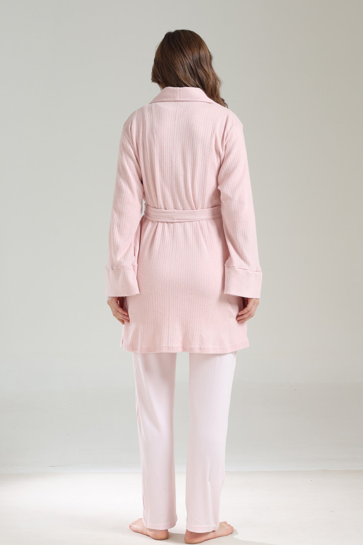 Lacy Panel 3-Piece Maternity-Nursing Pajama & Ribbed Camisole Robe Set Pink - 1036