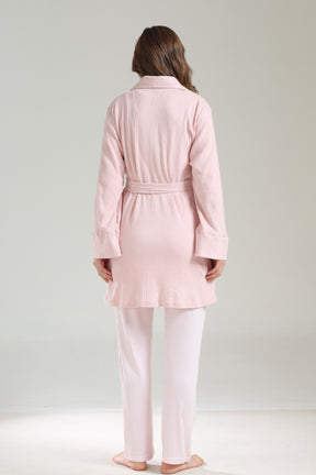 Lacy Panel 3-Piece Maternity-Nursing Pajama & Ribbed Camisole Robe Set Pink - 1036